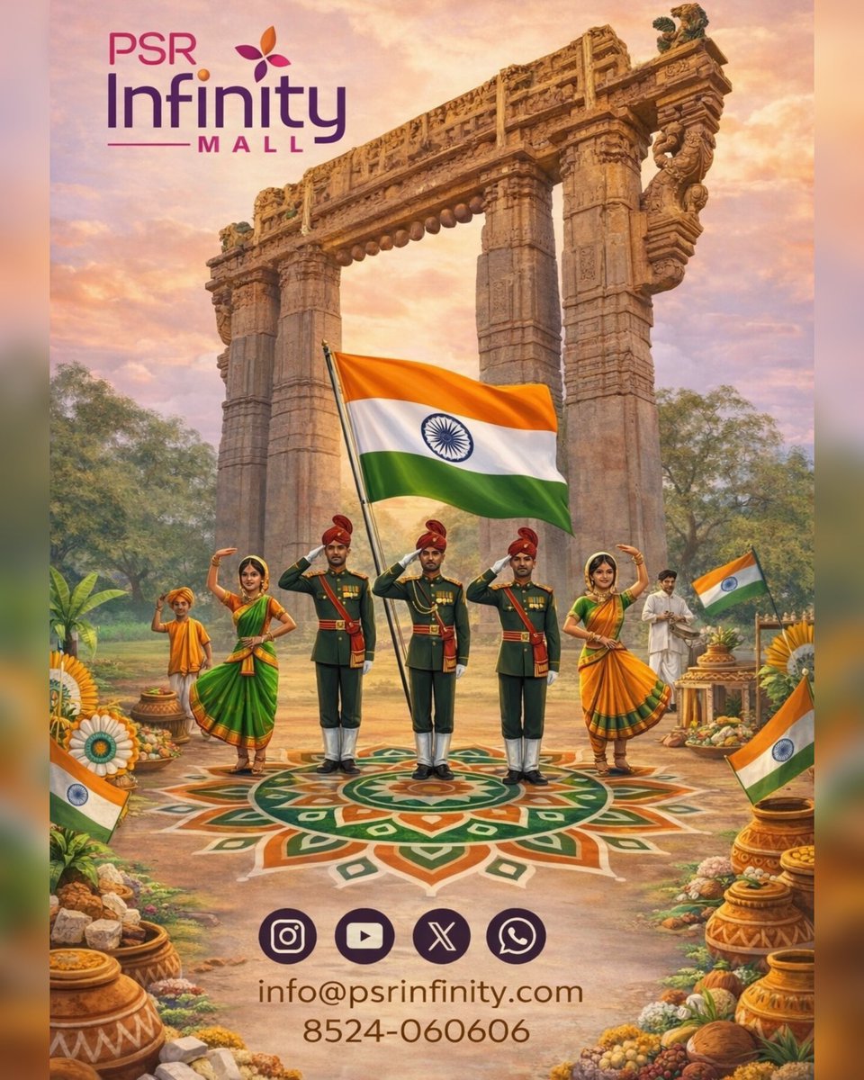 psrInfinity's tweet photo. Let the pride of our nation and the spirit of unity shine bright in our hearts. ✨
Celebrating the 77th Republic Day of India with pride at PSR Infinity Mall! 🎉❤️
Jai Hind! 

#PSRInfinityMall #77thRepublicDay #HappyRepublicDay #ProudToBeIndian #WarangalVibes https://t.co/gY1gew3EEK