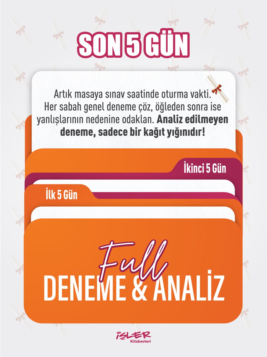 islerkitabevi's tweet photo. Sömestr tatilini verimli geçirmek için 5+5+5 metodunu uygula.

İlk 5 gün sadece en hızlı net artıracak zayıf olduğun konuları bitirmeye odaklan. İkinci 5 gün soru bankası taraması yaparken günlük paragraf ve problem rutinini aksatma. Son 5 gün ise tam sınav saatinde deneme çözerek hatalarını analiz et. Unutma, analiz edilmeyen deneme sadece bir kağıt yığınıdır.