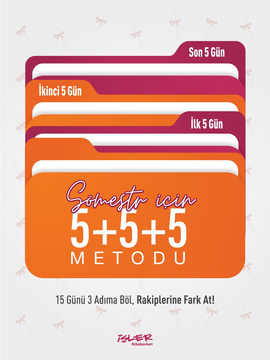 islerkitabevi's tweet photo. Sömestr tatilini verimli geçirmek için 5+5+5 metodunu uygula.

İlk 5 gün sadece en hızlı net artıracak zayıf olduğun konuları bitirmeye odaklan. İkinci 5 gün soru bankası taraması yaparken günlük paragraf ve problem rutinini aksatma. Son 5 gün ise tam sınav saatinde deneme çözerek hatalarını analiz et. Unutma, analiz edilmeyen deneme sadece bir kağıt yığınıdır.
