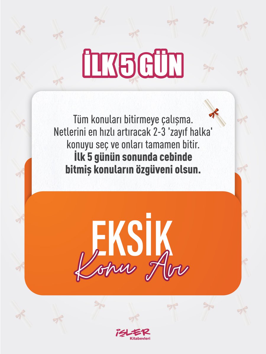 islerkitabevi's tweet photo. Sömestr tatilini verimli geçirmek için 5+5+5 metodunu uygula.

İlk 5 gün sadece en hızlı net artıracak zayıf olduğun konuları bitirmeye odaklan. İkinci 5 gün soru bankası taraması yaparken günlük paragraf ve problem rutinini aksatma. Son 5 gün ise tam sınav saatinde deneme çözerek hatalarını analiz et. Unutma, analiz edilmeyen deneme sadece bir kağıt yığınıdır.