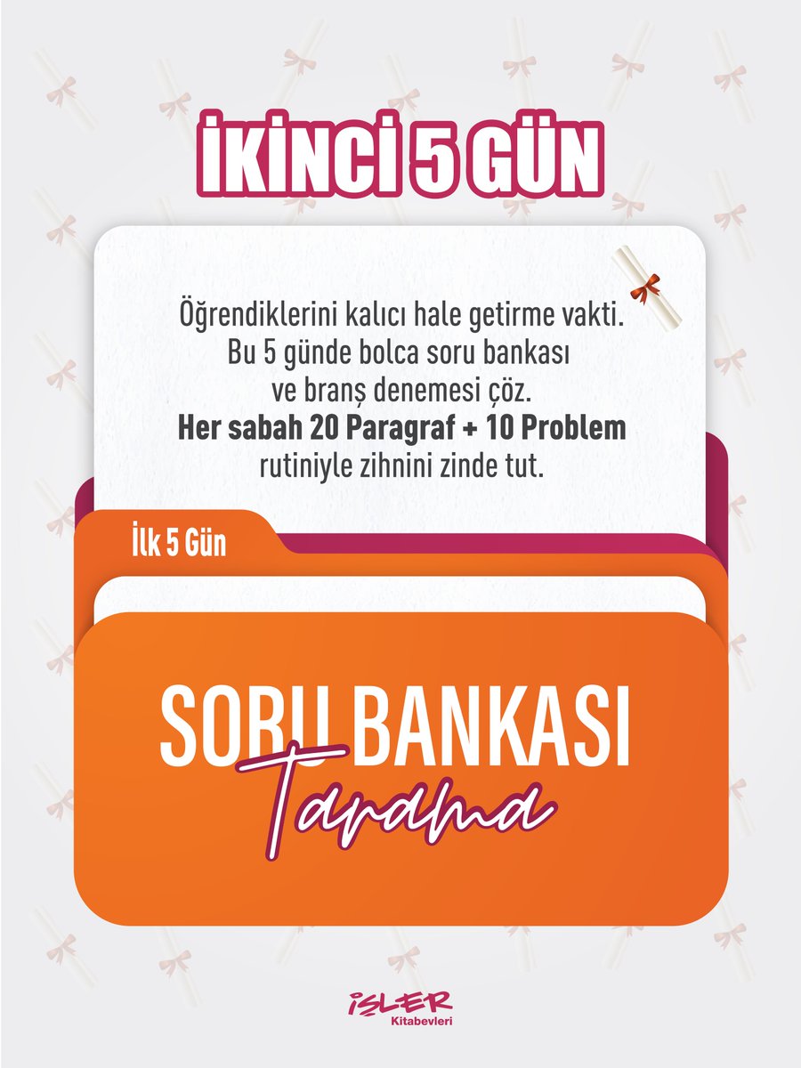 islerkitabevi's tweet photo. Sömestr tatilini verimli geçirmek için 5+5+5 metodunu uygula.

İlk 5 gün sadece en hızlı net artıracak zayıf olduğun konuları bitirmeye odaklan. İkinci 5 gün soru bankası taraması yaparken günlük paragraf ve problem rutinini aksatma. Son 5 gün ise tam sınav saatinde deneme çözerek hatalarını analiz et. Unutma, analiz edilmeyen deneme sadece bir kağıt yığınıdır.