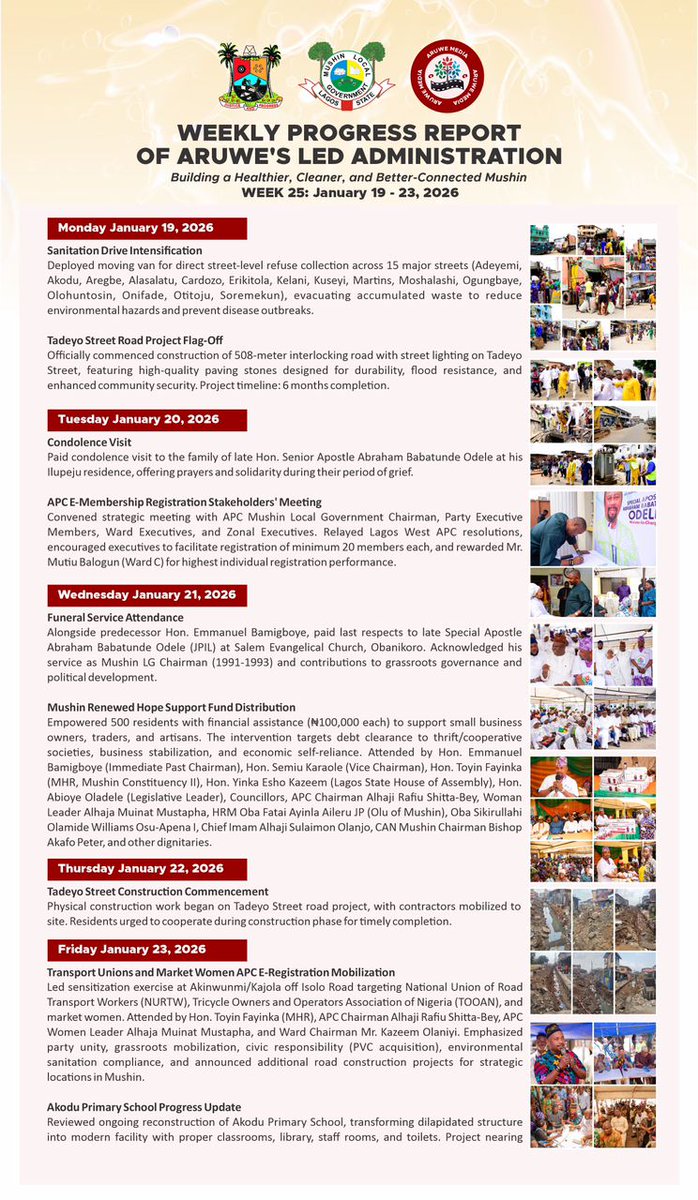 WEEKLY PROGRESS REPORT OF
HON. TUNBOSUN HARUNA ARUWE,
Executive Chairman, Mushin Local Government

Week 25: January 19-23, 2026

Read the full Weekly Progress Report Here 👇 
aruwenewsandmedia.blogspot.com/2026/01/weekly…