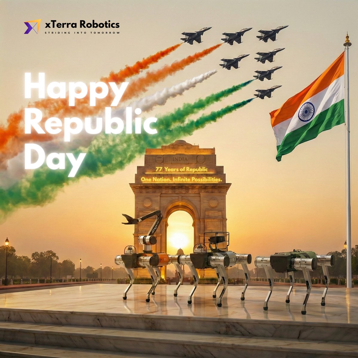 One Nation. Infinite Possibilities.
As India celebrates 77 years of being a Republic, we reflect on the incredible journey of Indian innovation. At xTerra Robotics, our mission is to push the boundaries of what’s possible in legged robotics and AI-driven automation.