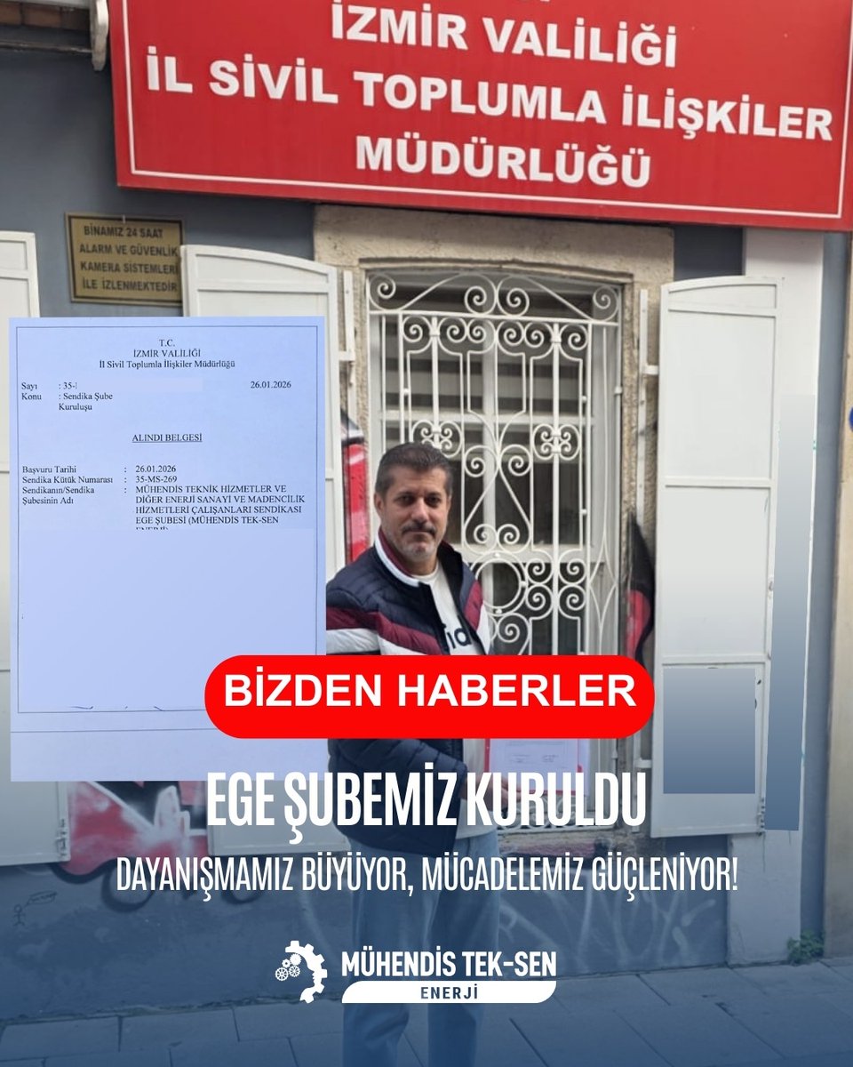 📍 Mühendis Tek-Sen ENERJİ Ege Şubemiz resmen kuruldu.
Dayanışmamız büyüyor, mücadelemiz güçleniyor.

Mühendis ve teknik hizmetler sınıfının hakları ve geleceği için kararlılıkla yolumuza devam ediyoruz.

#MühendisTekSenEnerji #EgeŞubesi