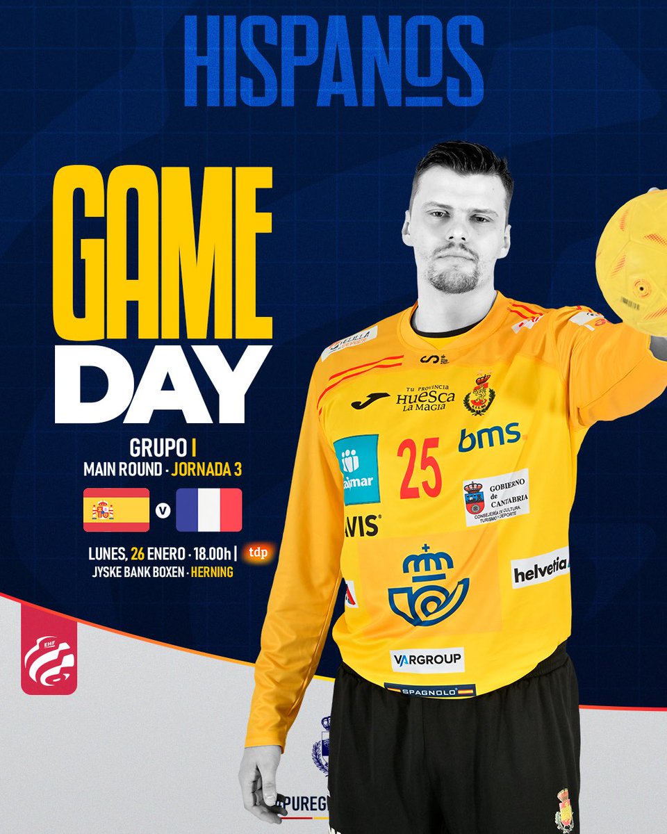 RFEBalonmano's tweet photo. 🔴 #GameDay

🏆 @EHFEURO

🏟️ Jyske Bank Boxen🇩🇰

📍 Jornada 3⃣ - Main Round
🆚 España🇪🇸 - 🇫🇷Francia
⏰ 1⃣8⃣:0⃣0⃣h.

📺 @teledeporte

⌚️ ¡Sigue con nosotros el partido en directo en https://t.co/9fYbaJJkAV!

#️⃣ #Balonmano #ehfeuro2026 #puregreatness https://t.co/DDfWp3TEAJ