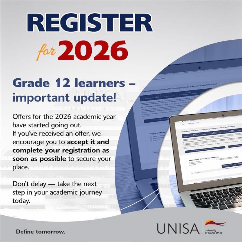 [CSET NEWS] REMINDER! Registration for the 2026 academic year is currently open. Secure your place early and take the next steps towards your future. Click on this link unisa.ac.za/register to complete your registration. 
#Unisa CSET
#Unisa150andBeyond