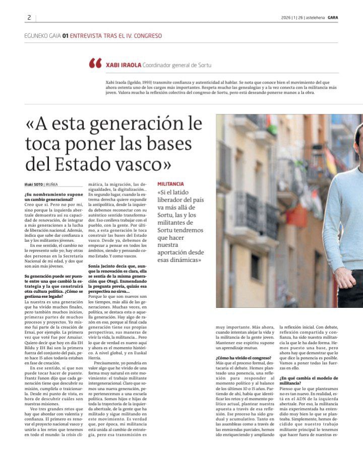 sortuEH's tweet image. «Cada generación tiene sus propias perspectivas, sus maneras de vivir la vida, la militancia… Pero lo que es nuevo aquí y ahora es el momento histórico. A nivel global, y en Euskal Herria».

📰@IraolaXabier Koordinatzaile Orokorrari elkarrizketa GARAn: naiz.eus/es/info/especi…