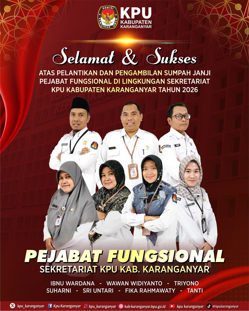 #Temanpemilih, KPU Karanganyar mengucapkan selamat dan sukses atas pelantikan dan pengambilan sumpah janji pejabat fungsional di lingkungan sekretariat KPU Karanganyar Tahun 2026.

“Semoga Semakin Semangat dalam Mengemban Tugas dan Tanggung Jawab”.

#KPUKaranganyar
#Pelantikan