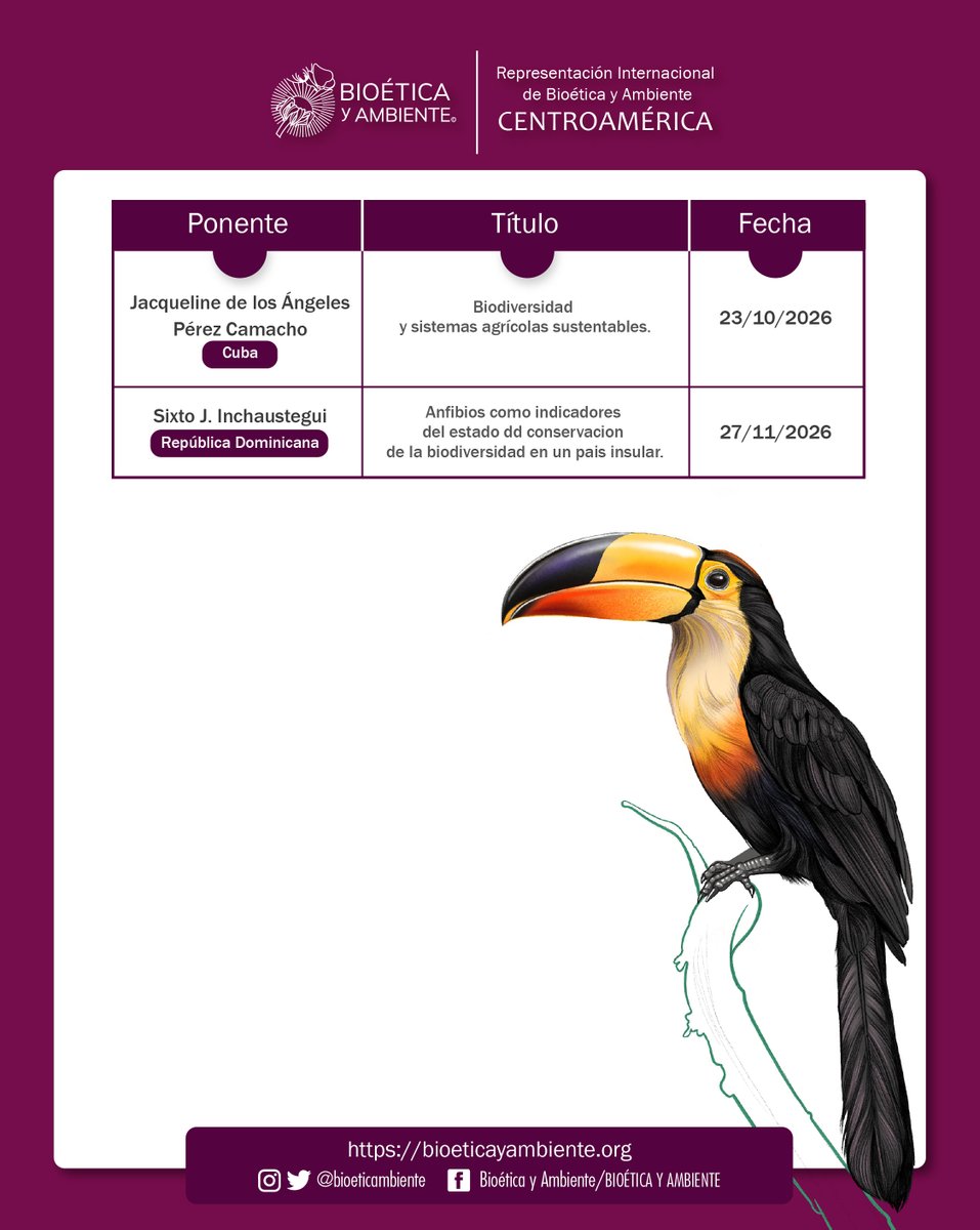 #Centroamérica
Bioética del #Territorio, la #Restauración y #Resilencia en Centroamérica: Experiencias regionales para proteger la biodiversidad
Cordinado por: Dr. Alberto Yanosky

Miércoles 26 de febrero de 2026

bioeticayambiente.org/seminariosperm…
