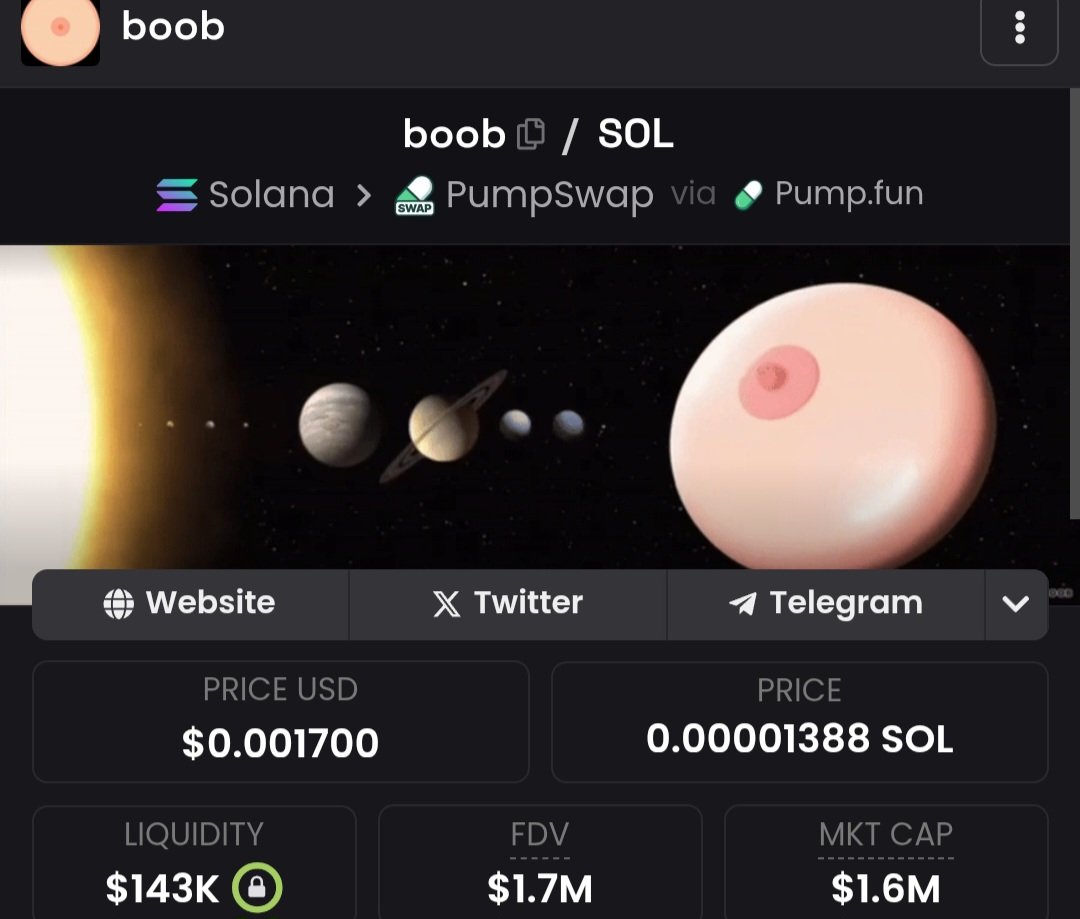 Good branding &amp; volume, team pushing, good entry point imo 💪

1.6Milly mc $BOOB

9zqre5sRRdFvKqyTyvEd1jcKDRF4g47s7mZSGUnQpump

✅️(🔥SOLANA)Trade with the Fastest  Bot (Trojan Bot),to Get in Early &amp; also Enjoy 10% discount on Fees &amp; 20% CashBack 🔥👇
t.me/solana_trojanb…