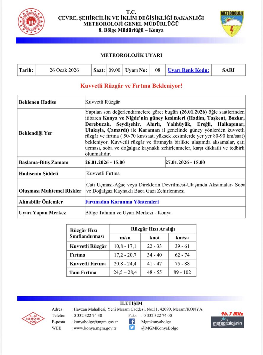 Meteorolojik Uyarı ⚠️ 

Kuvvetli Rüzgar ve Fırtına Bekleniyor❗️

📍Çatı Uçması, 
📍Ağaç veya Direklerin Devrilmesi,
📍Ulaşımda Aksamalar,
📍Soba ve Doğalgaz Kaynaklı Baca Gazı Zehirlenmesi

gibi oluşması muhtemel risklere karşı vatandaşlarımızın tedbirli ve dikkatli olması önem
