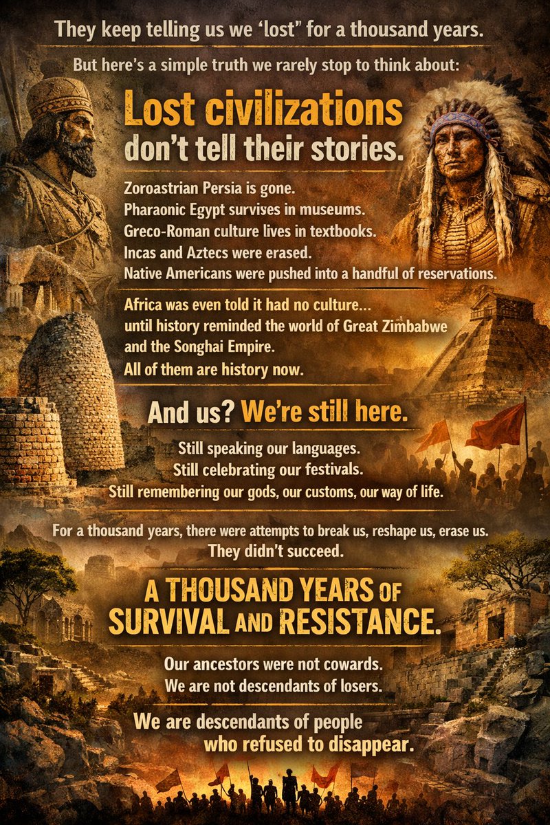 ManiYogini's tweet image. They keep telling us we “lost” for a thousand years.

But here’s a simple truth we rarely stop to think about:

Lost civilizations don’t tell their stories.

Zoroastrian Persia is gone.
Pharaonic Egypt survives in museums.
Greco-Roman culture lives in textbooks.
Incas and Aztecs…