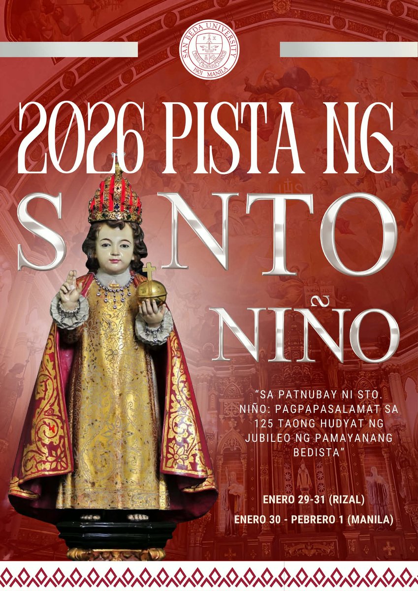 Viva Santo Niño!   

Mark your calendars!  

The wait is over – Pista ng Santo Niño sa San Beda 2026 is coming!  Join us for days of faith, fun, and fiesta vibes!   

Stay tuned for updates!