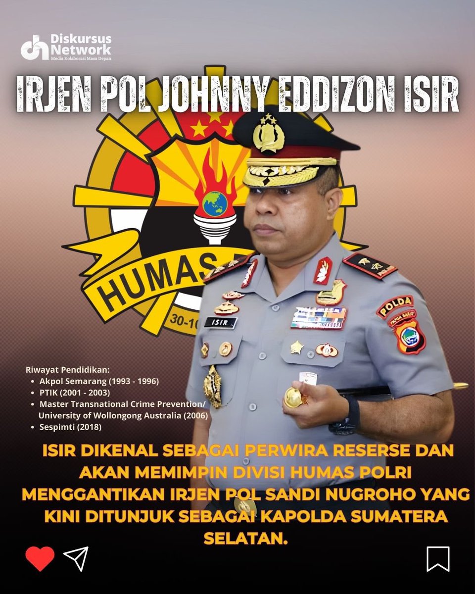 DiskursusNet's tweet image. Irjen Pol Johnny Eddizon Isir resmi ditunjuk sebagai Kadiv Humas Polri, menggantikan Irjen Pol Sandi Nugroho. 
Menariknya, keduanya sama-sama lulusan terbaik Akpol dan pernah saling menggantikan jabatan di masa lalu.
#HumasPolri #Sertijab #DiskursusNetwork