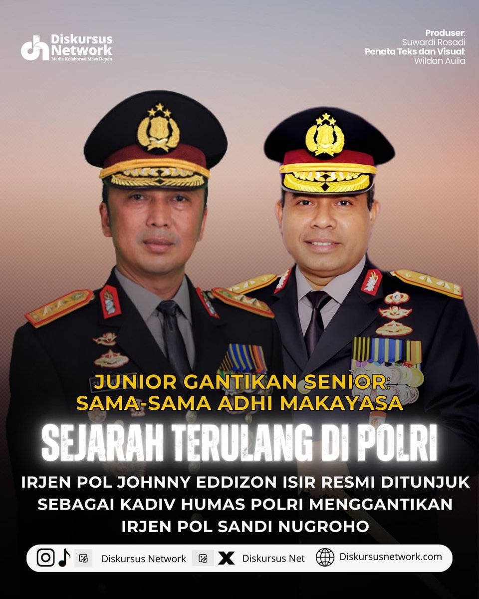 DiskursusNet's tweet image. Irjen Pol Johnny Eddizon Isir resmi ditunjuk sebagai Kadiv Humas Polri, menggantikan Irjen Pol Sandi Nugroho. 
Menariknya, keduanya sama-sama lulusan terbaik Akpol dan pernah saling menggantikan jabatan di masa lalu.
#HumasPolri #Sertijab #DiskursusNetwork