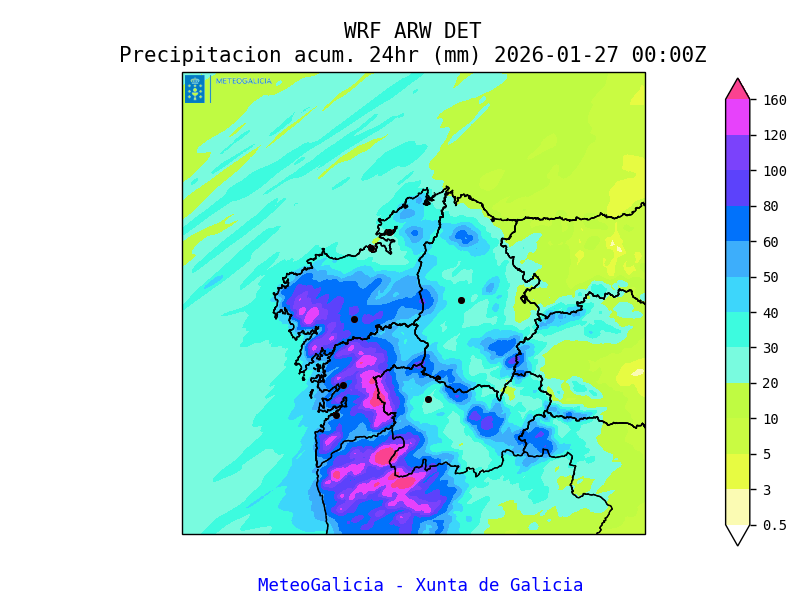 MeteoGalicia's tweet photo. Esta é a estimación de chuvia acumulada para as 24h de hoxe. Destacan os acumulados de máis de 100 litros/m2 nas comarcas de #BaixaLimia, #TabeirósTerradeMontes, #Pontevedra, #Caldas,#Barbanza,#Muros, #Noia, #OSar, #Xallas
➡️Vento forte do sur, con refachos moi fortes á noite. https://t.co/tlwcHbsA27