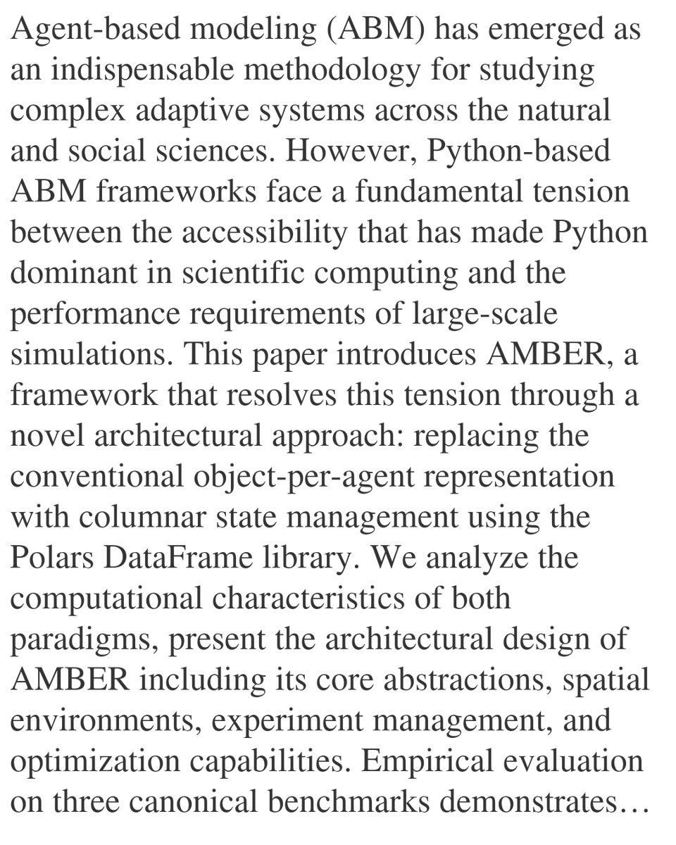 PIN's tweet image. AMBER: A Columnar Architecture for High-Performance Agent-Based Modeling in Python

Anh-Duy Pham
arxiv.org/abs/2601.16292 [𝚌𝚜.𝙼𝙰 𝚌𝚜.𝚂𝚈 𝚎𝚎𝚜𝚜.𝚂𝚈]