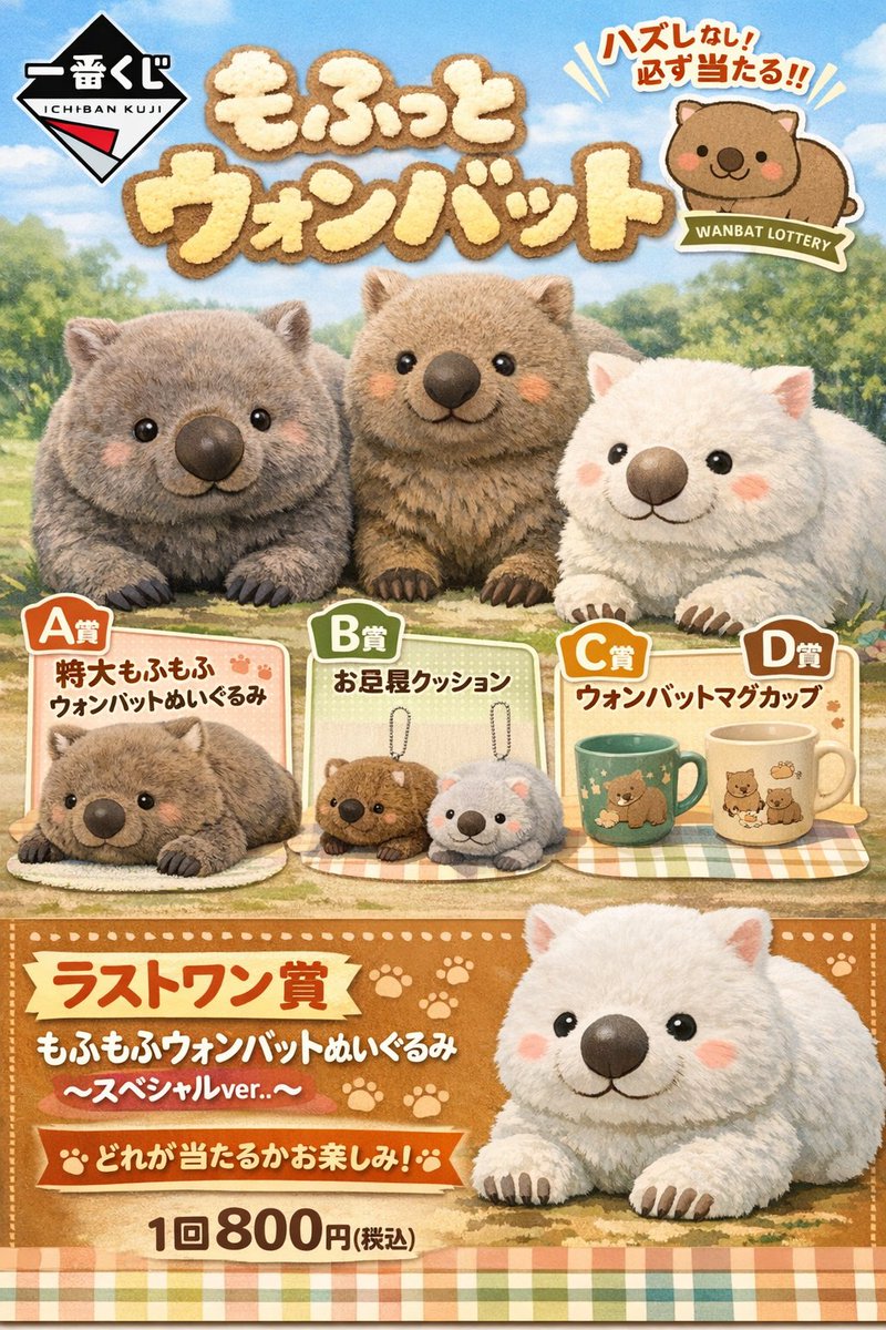 こんな一番くじあったら絶対買い占めたくなる😂
 #ChatGPT
 #ウォンバット
 #もふっとウォンバット