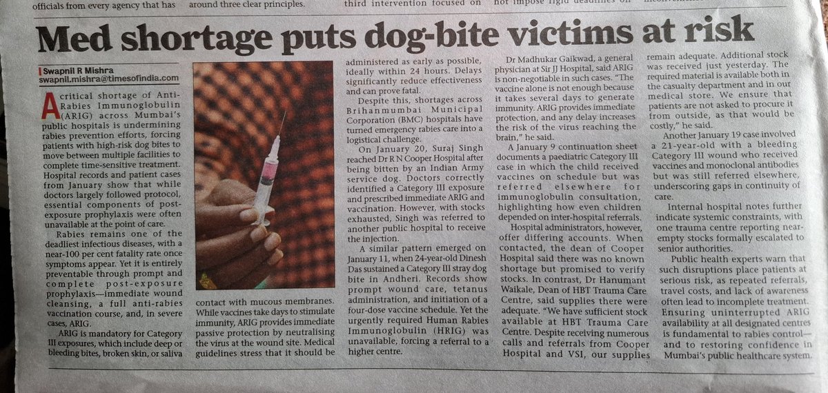 XStrayDogMumbai's tweet image. Thank you @mumbaimirror for highlighting the #Healthcare #crisis that the #CommonMan is facing due to the #straydog menace!
@mybmc does not pick up aggressive #dogs even after hon. #SupremeCourt orders and does not even ensure supply of anti #rabies immunoglobulin at its