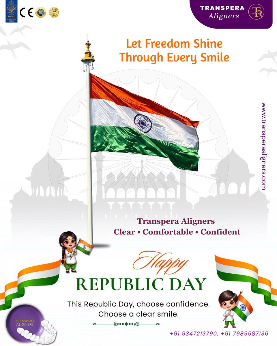 aligners44691's tweet image. This Republic Day, let your smile shine with freedom &amp;amp; confidence! 😁

Choose clear, comfortable &amp;amp; invisible aligners with Transpera Aligners.

Because a confident smile is your true pride! ✨

#HappyRepublicDay #TransperaAligners #FreedomToSmile #ClearSmile #InvisibleAligners