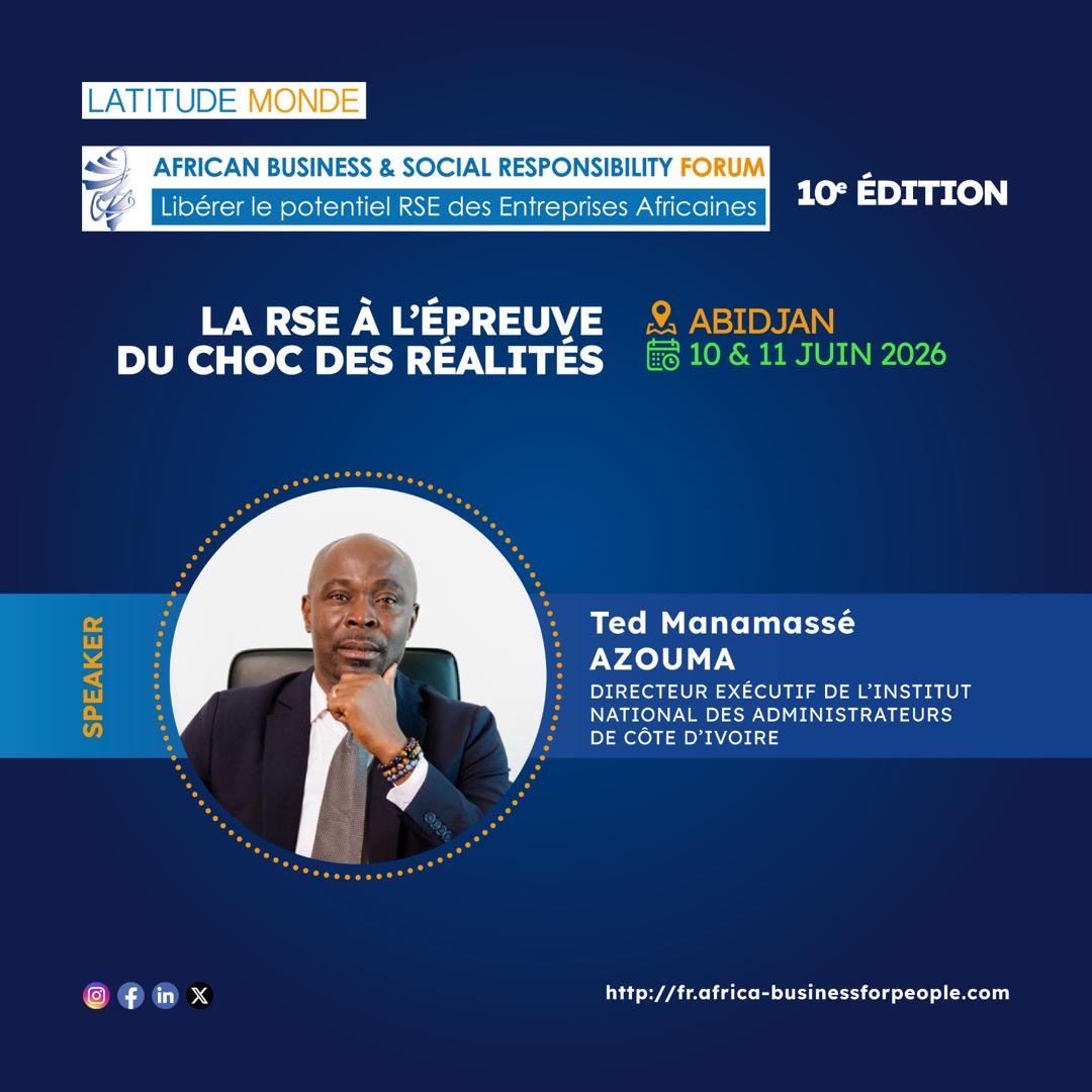 Nous sommes honorés d’accueillir Manamassé Azouma, Directeur Exécutif de l’INSTITUT NATIONAL DES ADMINISTRATEURS DE CÔTE D'IVOIRE, comme speaker de la 10e édition de l’African Business and Social Responsibility Forum. 

contact@latitudemonde.com

#rse #impact #odd #afrikadurable