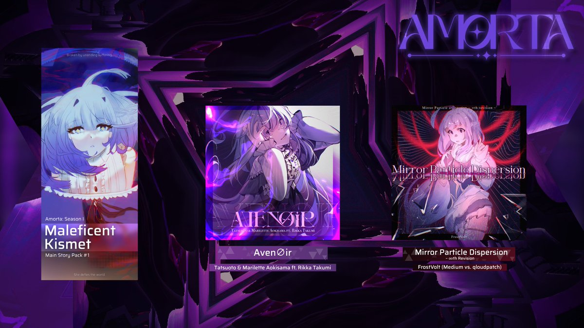 AmortaOfficial's tweet photo. The official Amorta: Season I ArcCreate song pack is here!

"Maleficent Kismet"
Amorta: Main Story #1

Featuring all 10 songs from the Amorta: Season I tournament, including:

"Cold Fog, Sandglass and Stilled Clock" by Medium
@MediumKuroooo  
"Eternity of Angels" by Reku Mochizuki 
@RekuMczk 
"GATE△WAY IV" by Tune Down!
@electronicotaku (on SoundCloud) 
"Scatter/Shatter" by zsry
@zsry3231 
"Divergence" by Eraser
@Eraser8324 (on YouTube)
"prey" by [-^v-]
@Darkpuppey 
"Aeternitas]" by Asteria's Fortune
@Asteria_Laplace 
"Heavenly Whispers" by KreScent
@psbymusician 
"AvenØir" by "Tatsuoto & Marilette Aokisama ft. Rikka Takumi"
@NokoniPuro @unforgivabot @RikkaTakumi 
"Mirror Particle Dispersion ~ ∞th Revision" by "FrostVolt (Medium vs. qloudpatch)"
@MediumKuroooo @qloudpatch 

Please look forward to the song pack being released in our official Discord server NOW, and in the ArcCreate Discord server on 1/31!

The official chart views will be available on our YouTube channel as soon as the charts are released in ArcCreate.

—Broken by the endless suffering, she defies the world.