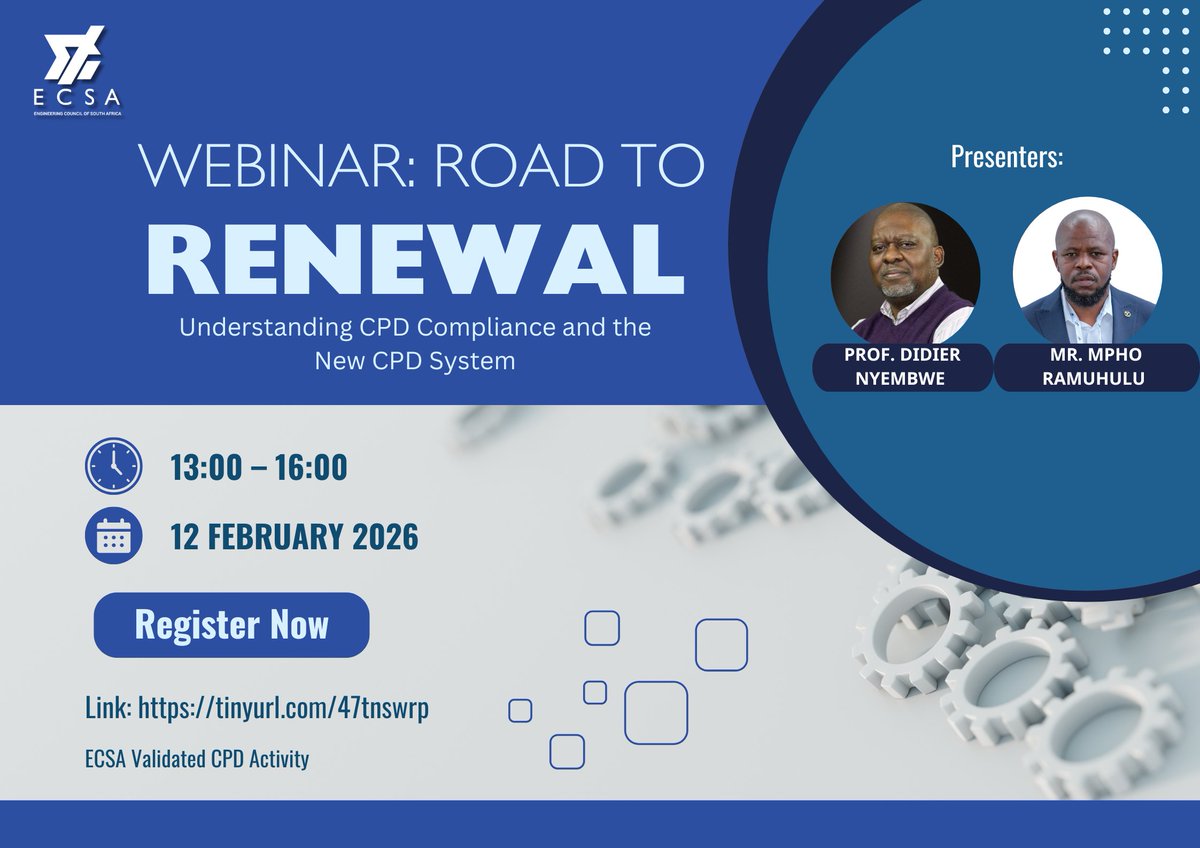 ECSAOfficial's tweet photo. Join @ECSA to unpack the revised CPD Rules and explore the new CPD System to support your renewal &amp; compliance journey.

📅 12 Feb 2026 | 🕐 13:00–16:00
✅ ECSA Validated CPD Activity
Register: https://t.co/7CUXEEihvq | https://t.co/lM6NPsf2cJ
#CPD #Compliance #EngineeringSA https://t.co/AdIIvBXp7C