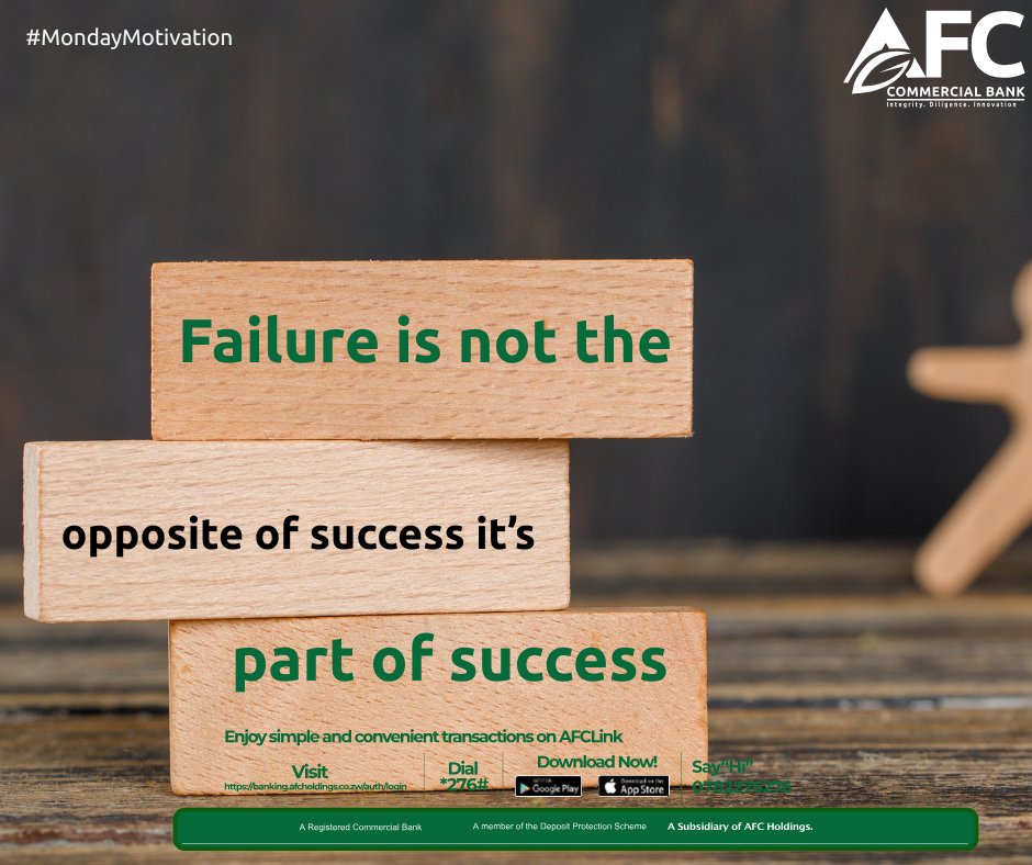 Your Monday reminder: Failure is a stepping-stone, not a stop sign! 
 
Let every setback fuel your grind and keep pushing forward this #MondayMotivation! 
 
We believe in your resilience. #AFCCommercialBank
#SuccessMindset #MotivationMonday