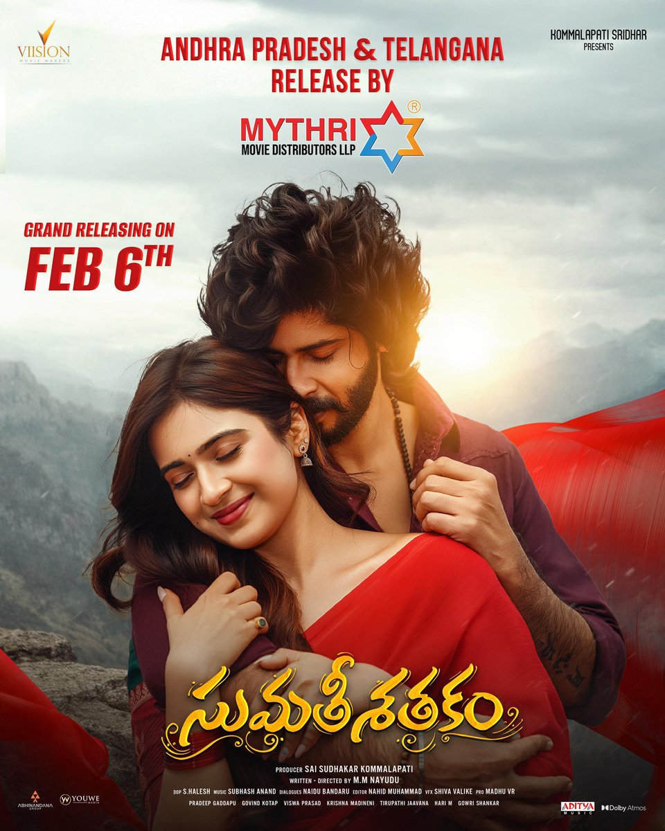 baraju_SuperHit's tweet photo. A love story that deserves the grandest screens ❤️

#SumathiSathakam AP & Telangana Release by @MythriRelease 💥

GRAND RELEASE ON FEB 6TH✨

In Cinemas #SumathiSathakamOnFeb6

@Actor_amardeep #Saylimchaudhri @thejdvprasad #NayuduMediseti @Tastyteja1 @kommalapatisai
@NahidCuts @mks131119 @Viisionmovie @SastudiosWav @tirupathijaava1 #SubhashAnand @adityamusic @VRMadhuPR