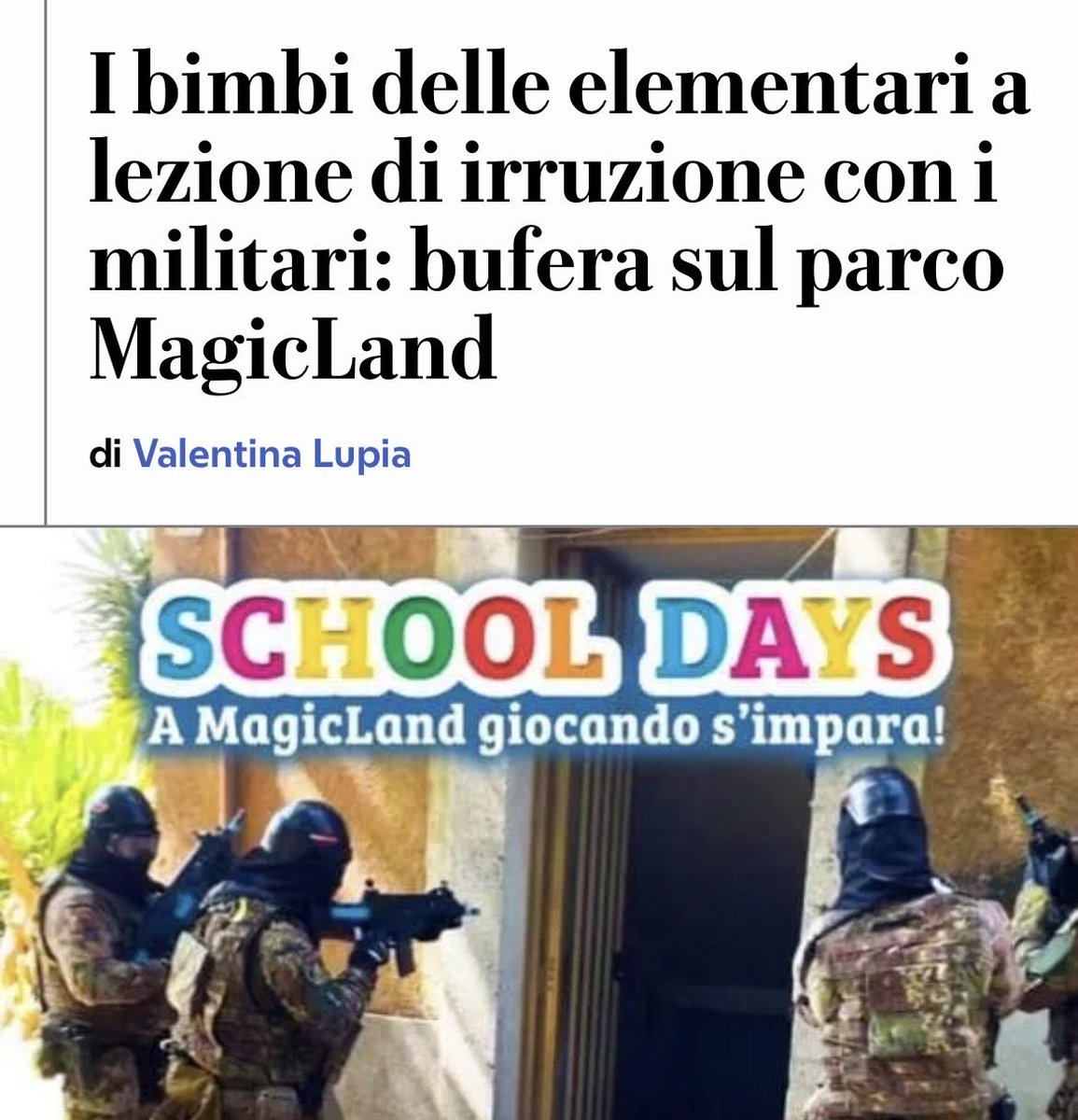 Il gov Meloni reputa violenta l’educ. sessuo-affettiva ma è ok portare a scuola l’esercito:
 “Gli studenti assisteranno a una simulazione realistica di ingresso in un centro abitato con individuazione, immobilizzazione e trasporto di un elemento ostile”!! Micidiale la locandina