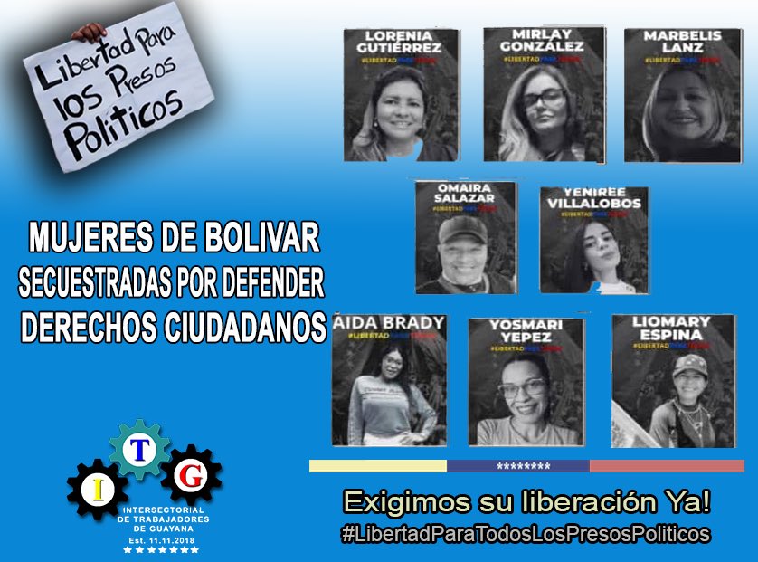 ITGuayana's tweet photo. #ITGuayana | Solicitamos al alto comisionado de la @ONU_es para los Derechos Humanos Volker Turk @volker_turk quien esta de visita en nuestro País, que le exija al Régimen que hoy dirige @delcyrodriguezv la plena Libertad de estas ocho valientes mujeres del Estado #Bolivar que aún se mantienen secuestradas en las mazmorras del régimen solo por defender sus derechos como ciudadanas.

Sin Justicia no puede existir la PAZ.,🇻🇪🇻🇪🇻🇪
#LibertadParaLosPresosPoliticos 
@POTUS 
@MariaCorinaYA 
@EdmundoGU 
@ONU_derechos