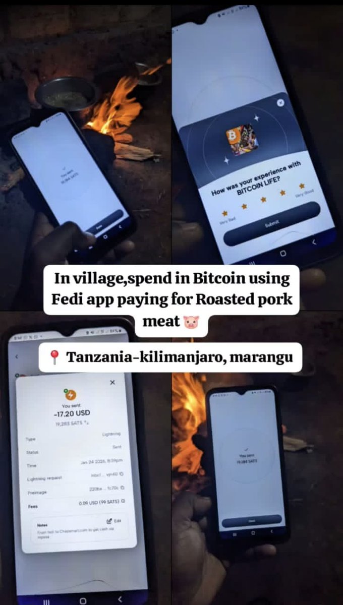 Spending Bitcoin in the village (ushagoo) is no longer a dream. Today in  Kilimanjaro, Tanzania 🇹🇿, Bitcoin was used to pay for a delicious serving  of roasted pork 🐷🥩 using the @fedibtc