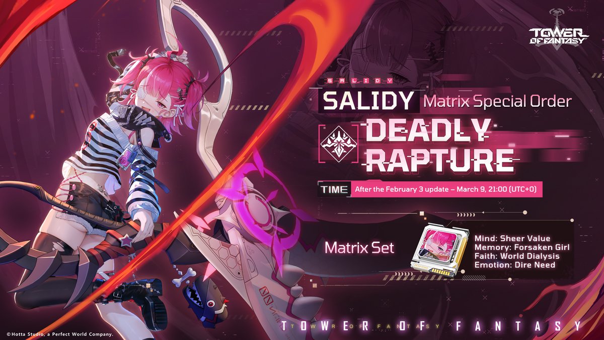 ToF_EN_Official's tweet image. #TowerofFantasy #Salidy – Matrix Data Revealed

"Hear the desperate cry for love and shelter."

▼Set Effect Details:
2 Matrices - Increases Flame Attack and, within a short period of casting Bloodfin skills, Bloodfin's damage. Active in the off-hand slot, and only the highest…