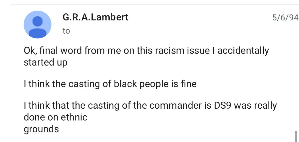 To be clear, there were folks who whined about the casting of Avery Brooks in “Deep Space Nine” as “done on ethnic grounds” or “politically correct” while the show was on the air.

They just didn’t have an entire infrastructure dedicated to amplifying their bigotry.