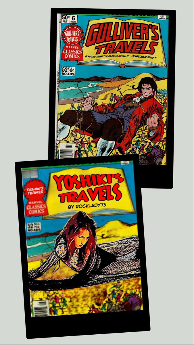 Rocklady19731's tweet photo. The template for Yoshiki's Travels is a comic book version of Gulliver's Travels. I replaced Gulliver with Yoshiki. I thought it was the right book title for our dear globetrotter.☺️
#GulliversTravels #YOSHIKI #FakeBookCover #fanart https://t.co/yLlfBuaZkW