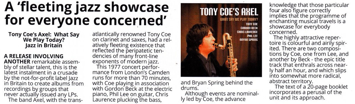 Our friend Russell Newmark writing about our Tony Coe's Axel album in the latest issue of The Beat...
Read or subscribe here: beat-magazine.co.uk