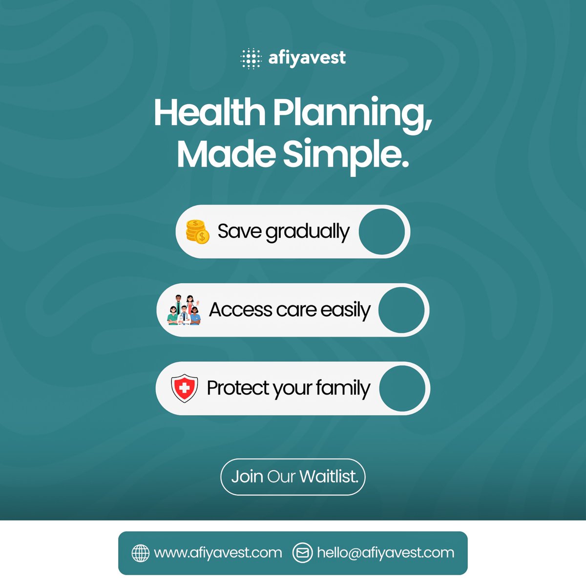 afiyavest's tweet photo. Health planning, made simple.

With Afiyavest, you can save gradually, access care easily, and protect your family  all in one place.

Join our waitlist and plan ahead with confidence.

#afiyavest #healthplanning #financialwellbeing #digitalhealth https://t.co/Js30oeBL7B