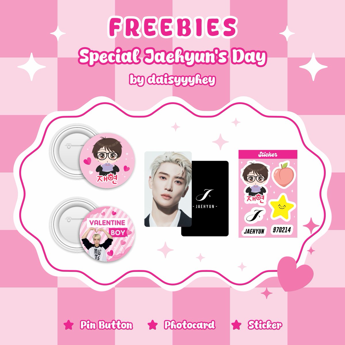 daisyyyhey's tweet image. 🍑 Freebies Special Jaehyun's Day 🍑

☆ vals/anyone who loves jaehyun
☆ set Rp5.000 (no refund)
☆ limited qty
☆ co via 🍊 (14.02.2026)
☆ s.shopee.co.id/3fxj72DQT1

Good luck ^-^