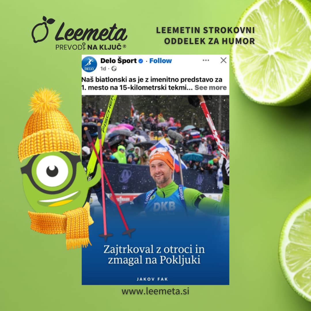 🏆 Tudi športni uspehi si zaslužijo pravilno sklanjanje. Ker zmage ostanejo, slovnica pa tudi. 💬✨
Ponovimo skupaj: otroci, otrok, otrokom, otroke, (o) otrocih, (z) otroki --> zurl.co/7wjiV
#leemeta #sklanjanjeotrok #ponedeljkovhumor #skanjanje