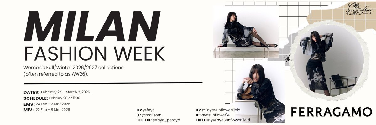 Ready for Milan Fashion Week Women's Fall/Winter 2026/2027 with FERRAGAMO X Faye Peraya is coming next month.

Please follow: 
X: <a href="/Ferragamo/">FERRAGAMO</a>
IG: instagram.com/ferragamo?igsh…
TIKTOK: tiktok.com/@ferragamo?_r=…
WEIBO: weibo.com/u/2133330900

#FayePeraya #ฝ้ายพีรญา