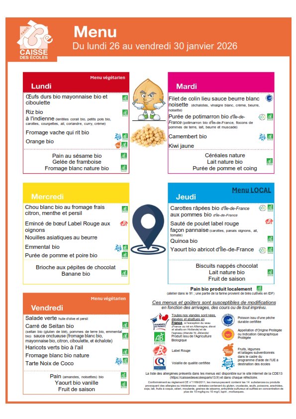 cdeparis13's tweet photo. Les menus du lundi 26 au vendredi 30 janvier 2026
@mairiedu13 https://t.co/dc4fuMFV6h