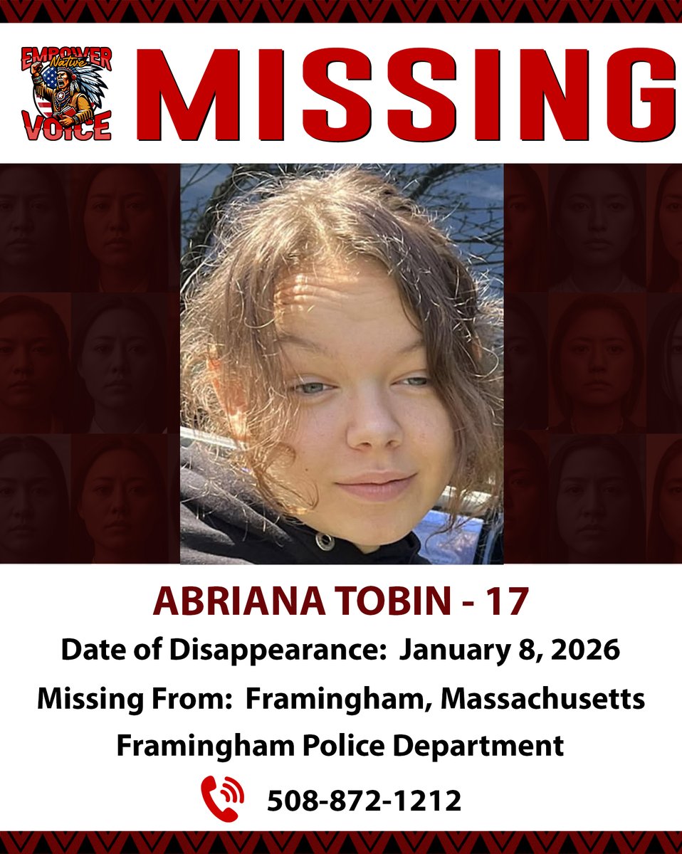 EmpowerNative's tweet image. 🚨 MISSING PERSON ALERT - ABRIANA TOBIN 🚨

If you have any information, please contact:
📞 Framingham Police Department (Massachusetts): 508-872-1212
📞 Or your local police department (Call 911 immediately if seen)

#EmpowerNativeVoice #ShareYourVoice #MissingPerson