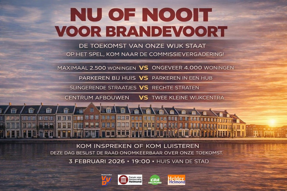 Op dinsdag 3 februari staat de toekomst van Brandevoort op de agenda van de gemeenteraad. Wij willen dat het laatste te bouwen deel van Brandevoort in alle opzichten aanluit bij de huidige wijk.
Kom inspreken en/of luisteren; kom op voor uw wijk!

FVD Helmond #Brandevoort