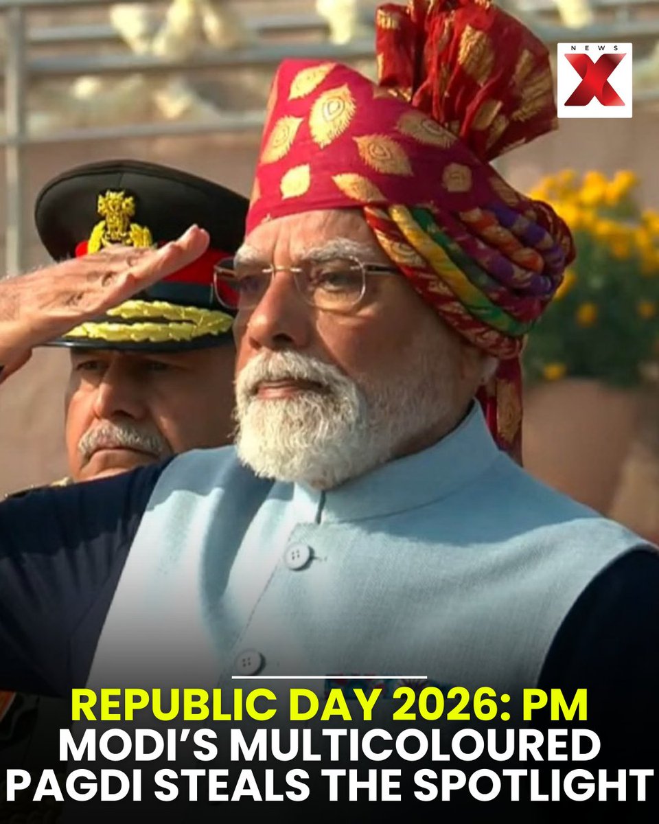 NewsX's tweet photo. Republic Day 2026: PM Modi sports multicolored pagdi; a look at his iconic turban looks over the years

#PMModi #RepublicDay2026 #Pagdi #TurbanLooks #NewsX https://t.co/ZFUPPqHWLU