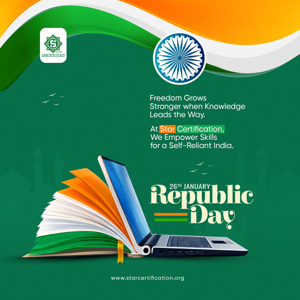 DKherani's tweet photo. 🎉 *Happy Republic Day!* 🇮🇳

"Freedom grows stronger when knowledge leads the way." At *Star Certification*, we empower skills for a self-reliant India. Celebrating the spirit of https://t.co/y9WOUT7R7k

#RepublicDay #26thJanuary #India #SelfReliantIndia #StarCertification #💪 https://t.co/k12KzCTkmn