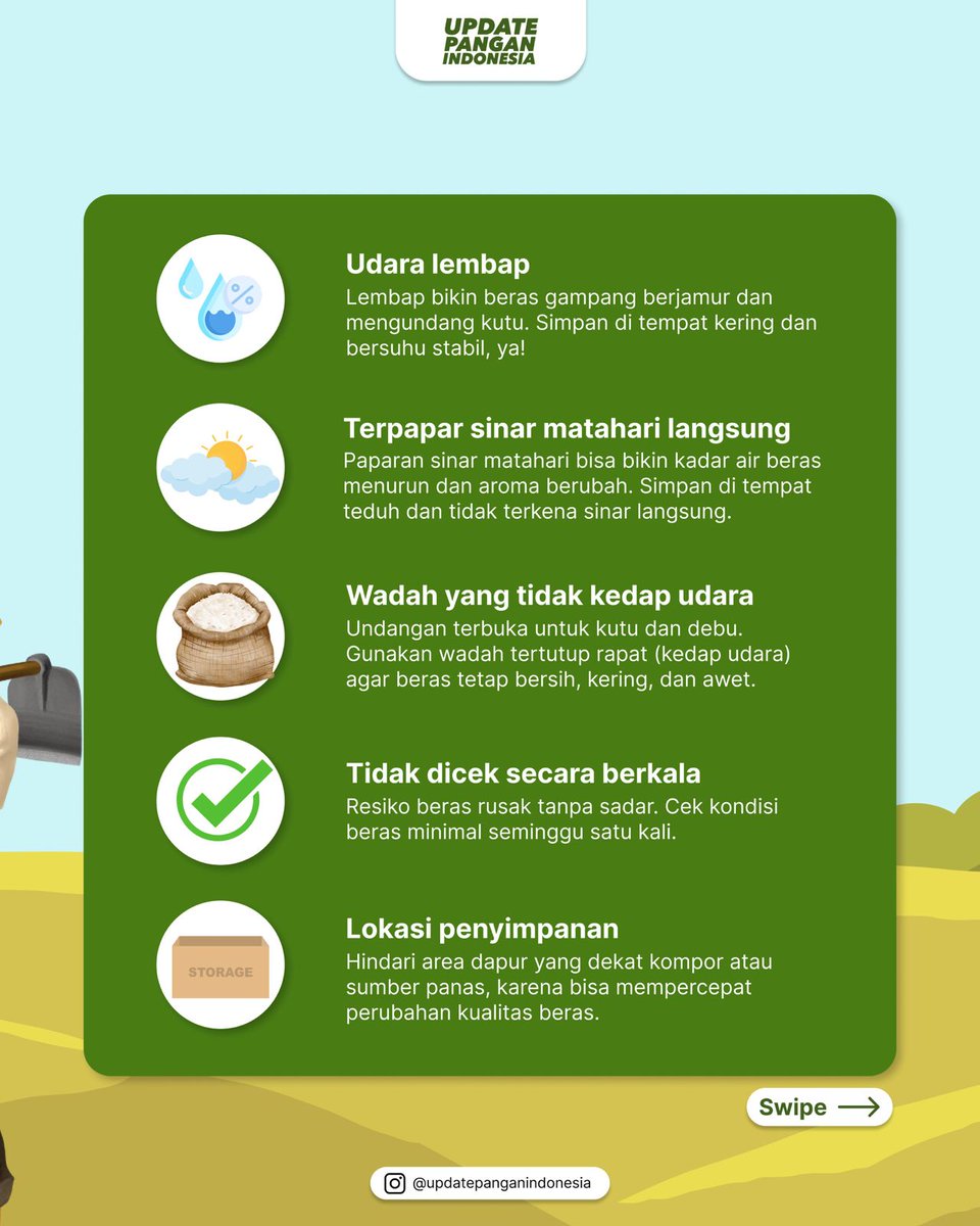 BULOG_Mkw's tweet photo. Jangan anggap sepele tempat simpen beras di rumah ya! Kadang kualitas beras turun bukan karena berasnya, tapi karena cara penyimpanannya…
Coba cek deh, udah disimpen di tempat yang kering belum?
#SobatPanganIndonesia #UpdatePanganIndonesia #EdukasiPangan #TipsPangan #SimpanBeras https://t.co/G9ZuBYjlda