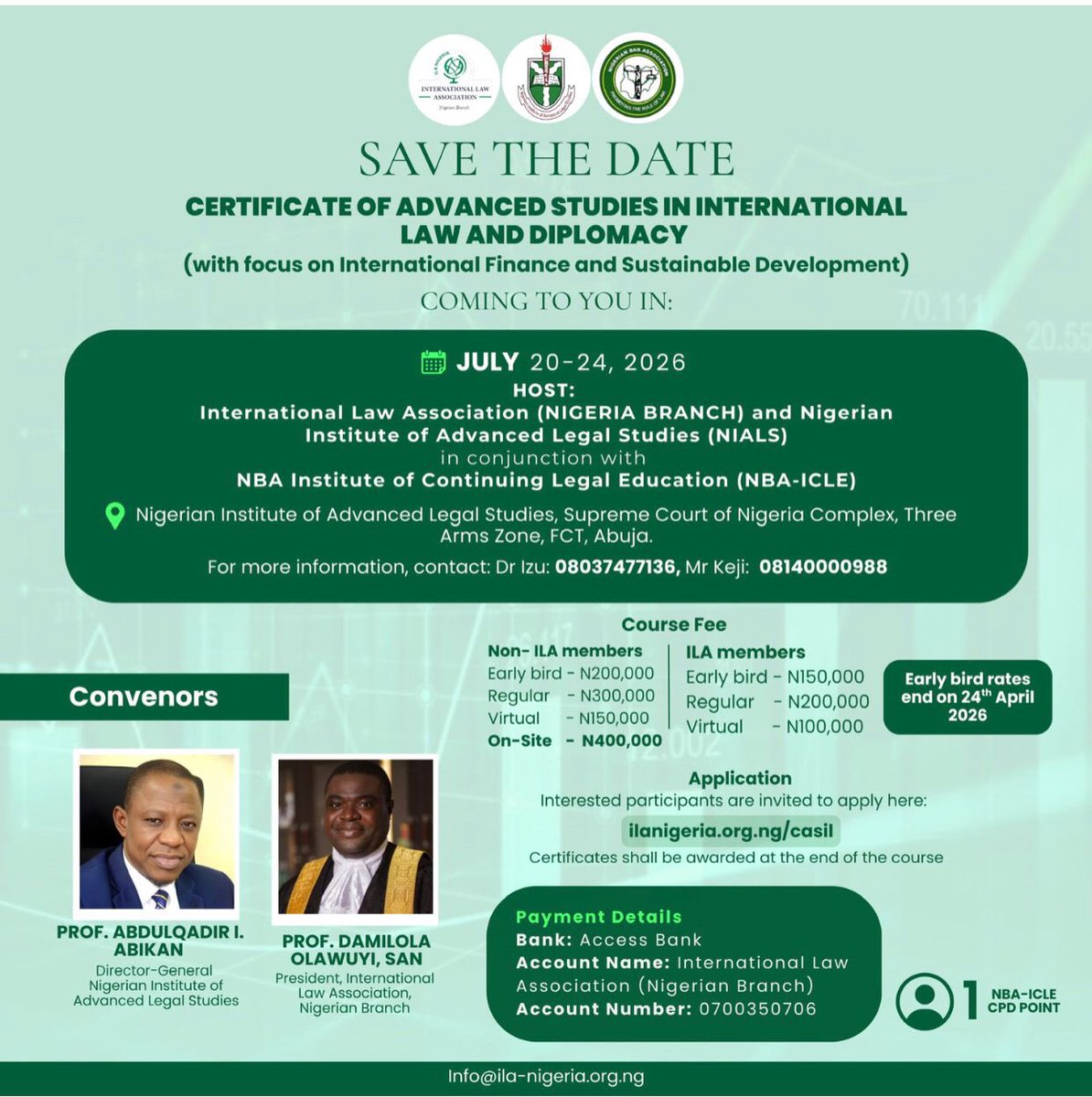 Nigeria_ILA's tweet image. ILA Nigeria Announces three Innovative Advanced Certificate Courses in International Law for 2026
 
To advance the study, clarification and development of international law, @Nigeria_ILA is proud to announce its training schedule for 2026 with three innovative Certificate of…