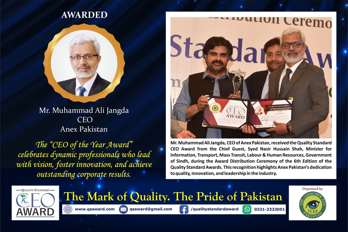 qsaward's tweet photo. 🏆 Quality Standard CEO Award | 6th Edition
Mr. Muhammad Ali Jangda, CEO of Anex Pakistan, honored for innovation, quality &amp; industry leadership.
 The Mark of Quality. The Pride of Pakistan.
#QSA #CEOOfTheYear #AnexPakistan https://t.co/T3Sb9uGWsq