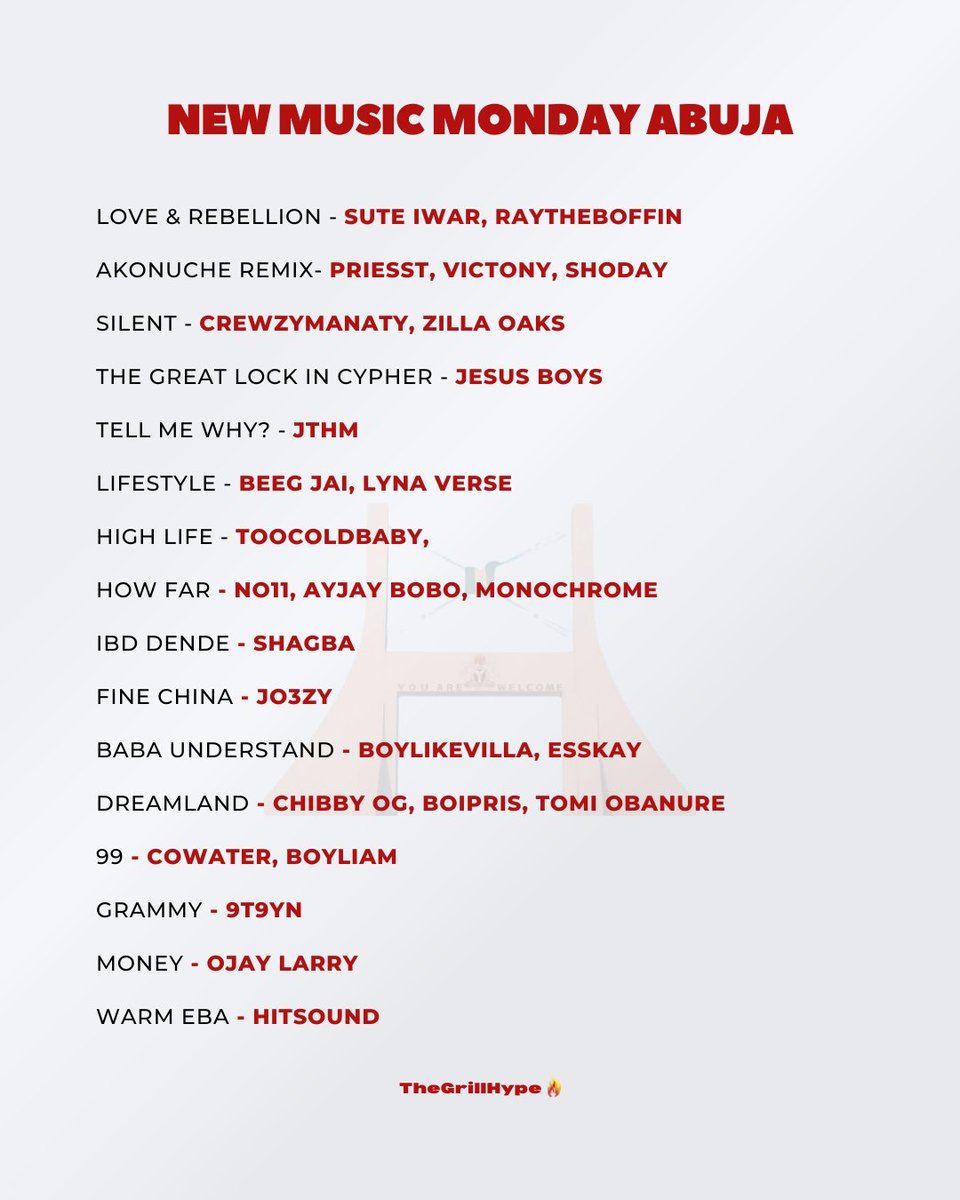 🚨📷NEW MUSIC MONDAY ABUJA

love &amp; rebellion - <a href="/SuteIwar/">Suté</a>, <a href="/raytheboffin/">RあY</a>
 
akonuche remix - <a href="/iampriesst/">KURIMA🧘</a>, <a href="/vict0ny/">VICTONY</a>, <a href="/official_shoday/">Official Shoday</a>
 
silent - <a href="/Crewzymanaty001/">Crewzymanaty</a>, <a href="/ZILLA__OAKS/">ZILLA OAKS</a>
 
the great lock in cypher - <a href="/iammoemusic/">PULLUP N WRECK OUT NOW</a>, <a href="/dat_elmanidrill/">Don Doreno</a>
 
tell me why? - JTHM

lifestyle - <a href="/BeegJai/">Jai</a>,
