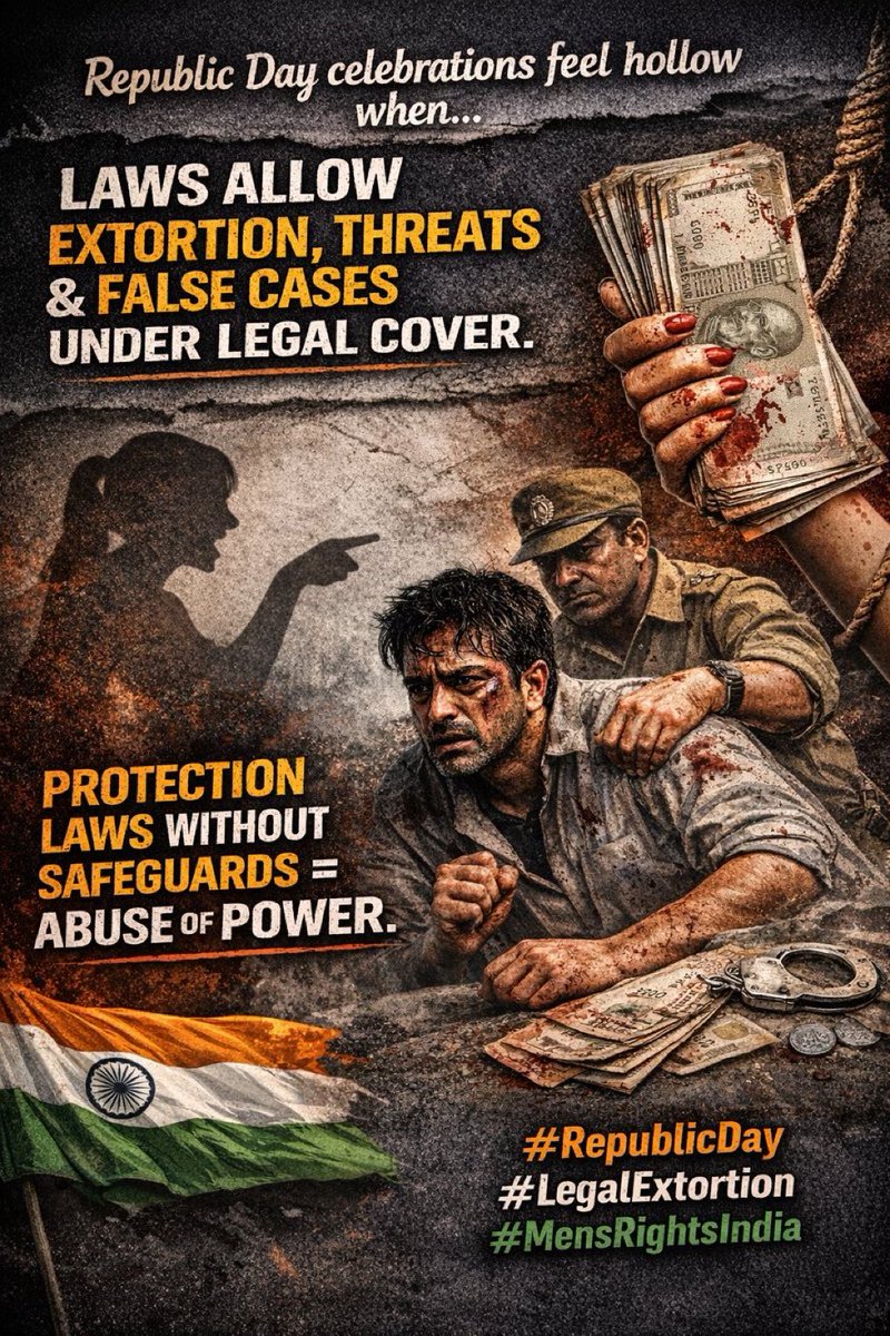 The Indian Constitution is being turned into a joke.
Innocent men are harassed daily through misused, women-centric laws.

Crimes by women are rising, accountability is falling.
And the government? Busy buying votes with freebies, not fixing injustice.

Equality died the day laws